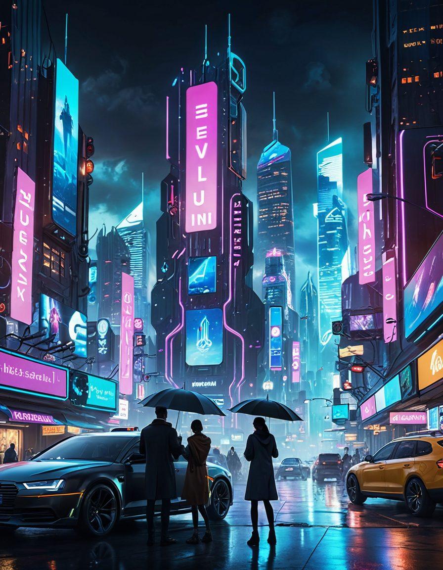 A futuristic city skyline with digital screens displaying various insurance services, a family happily interacting with a virtual insurance agent on their devices, surrounded by symbols of protection like shields and umbrellas. Bright, engaging colors with a blend of technology and everyday life elements. cyberpunk. vibrant colors. 3D.
