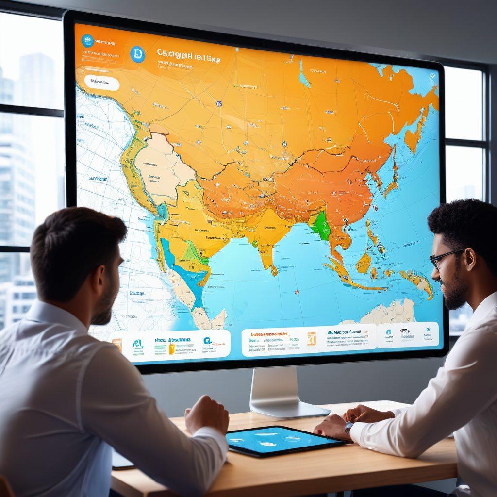 A sleek, modern digital marketplace interface with various insurance policy options displayed on vibrant screens. Include elements like clickable icons for different types of coverage (health, auto, home), a diverse group of people discussing their choices around a digital tablet, and a virtual map highlighting global access to services. The overall ambiance should convey ease of navigation and empowerment in decision-making. super-realistic. vibrant colors. 3D.